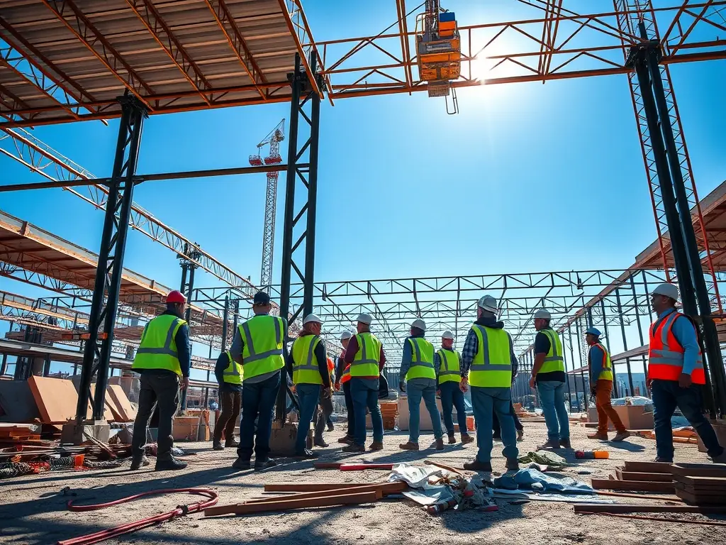 A high-angle shot of a construction site with workers collaborating on a residential building project, showcasing the organized chaos and teamwork involved in construction.